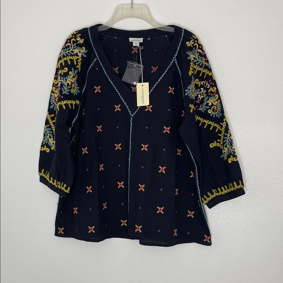 Sundance Cotton Embroidered Blouse Puff Sleeve V Neck Black Size Large BNWT - Picture 2 of 7